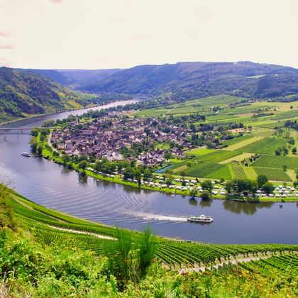 Luchtfoto van Trittenheim gelegen in een bocht van de Moezel, omringd door terrasvormige wijngaarden op glooiende heuvels.