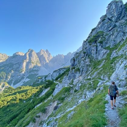 Wandelaar op smal bergpad langs Gosaukamm bergkam met dramatische kalkstenen pieken en groene valleien onder heldere hemel.