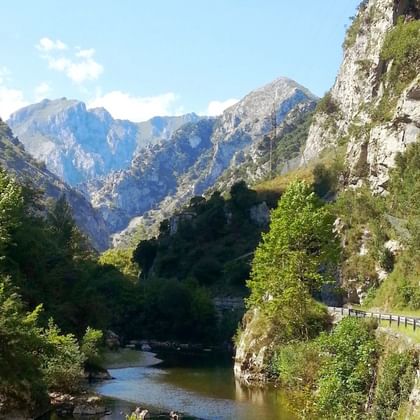 Kronkelende weg langs rotsachtige kliffen naast een rivier in Picos de Europa. Steile bergtoppen rijzen op in de achtergrond.