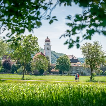 Twee wandelaars lopen door groene weide met witte bloemen. Dorp Dollnstein met witte kerktoren zichtbaar tussen bomen en heuvels.