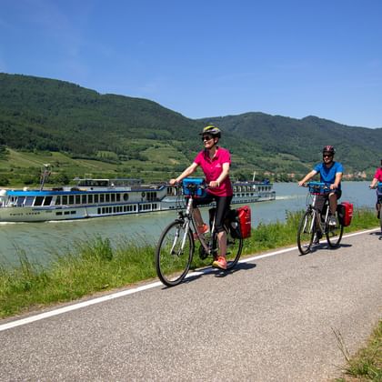 Vier fietsers op Donaufietspad met riviercruiseschip MS Swiss Crown op achtergrond. Groene heuvels en blauwe lucht zichtbaar.