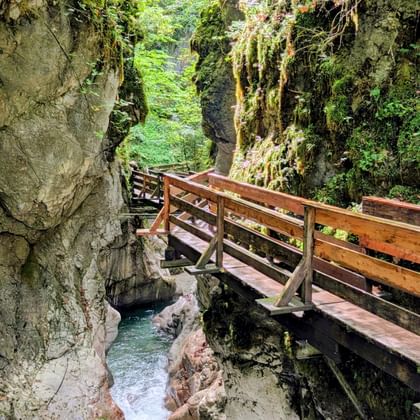 Houten loopbrug door Seisenbergklamm kloof met met mos bedekte rotswanden en stromende beek eronder, omringd door weelderige groene vegetatie.