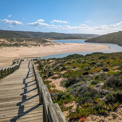 Houten loopbrug door kustvegetatie op Rota Vicentina route, met uitzicht op breed zandstrand en riviermonding in Portugal.
