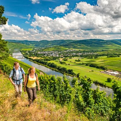 Twee wandelaars op de Moselsteig door wijngaardhellingen met uitzicht op het Moezeldal met groene velden en heuvels.