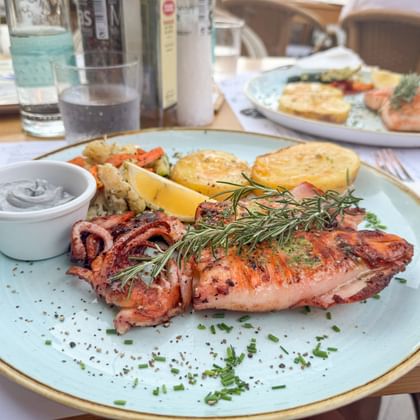 Gegrilde octopus met rozemarijn, geroosterde groenten, citroen en aardappelen op turquoise bord. Een klein schaaltje saus bij het gerecht.