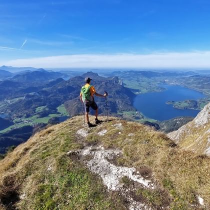 Wandelaar met rugzak en wandelstokken op grasachtige bergkam met uitzicht op blauwe meren en dalen in Salzkammergut.