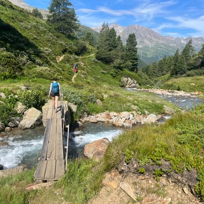 Wandelaar met blauwe rugzak steekt houten brug over bergbeek bij Timmelsjoch, omringd door groene alpenweiden en bergtoppen.