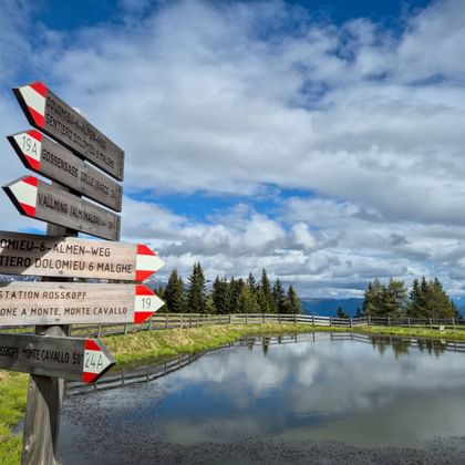 Houten wegwijzers met rood-witte markeringen bij bergstation Rosskopf, met richtingen naar verschillende wandelroutes naast een vijver.