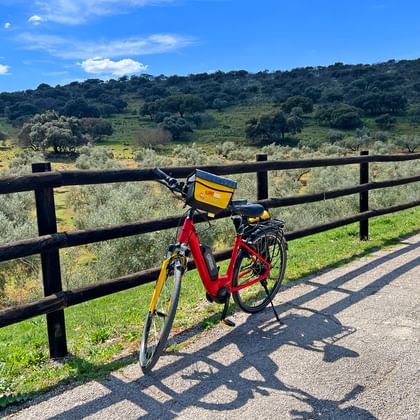 Bike leaning against a fence with a view of the Andalusian countryside