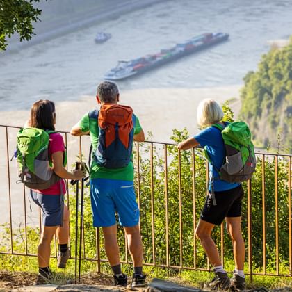 Three hikers on the Rheinsteig with a view of the Rhine