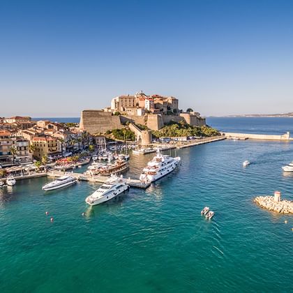Luchtfoto van de haven van Calvi op Corsica met turquoise water, luxe jachten, historische citadel op de heuvel en kustplaats.