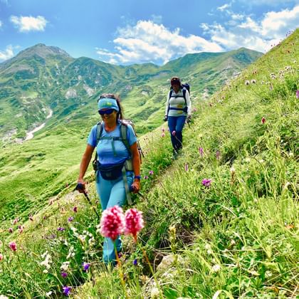 Twee vrouwelijke wandelaars met rugzakken lopen op een grasrijke berghelling in Georgië met wilde bloemen en groene bergketens onder blauwe lucht.