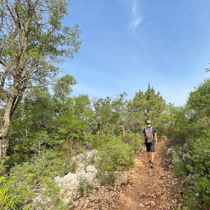 Wandelaar met rugzak op rotsachtig pad door mediterrane vegetatie op het Albanese kustpad onder blauwe hemel.