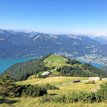 Panoramisch uitzicht vanaf Schafberg met groene alpenweiden, turquoise meer en bergketens in Salzkammergut, Oostenrijk.