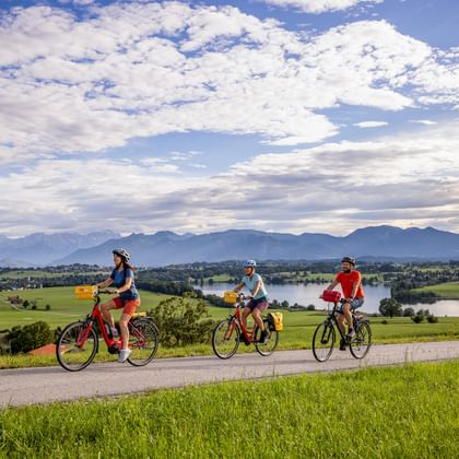 Drie fietsers op een geasfalteerde weg bij het Riegsee meer in Beieren, met Alpengebergte op de achtergrond en dramatische bewolkte lucht boven groene velden.
