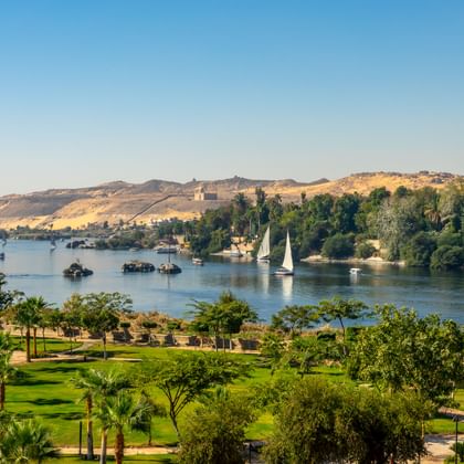 Schilderachtig uitzicht op de Nijl in Aswan met zeilboten, weelderige groene parken met palmbomen en zandige woestijnheuvels onder blauwe lucht.