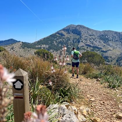 Wandelaar in groen shirt op bergpad bij Puig Galatzo met houten wegwijzer op voorgrond en mediterrane bergen onder blauwe hemel.