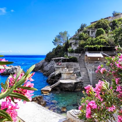 Schilderachtige Albanese kustbaai met turquoise water, rotsachtige kliffen en witte terrasvormige huizen tegen de heuvel, omlijst door roze bloeiende planten.
