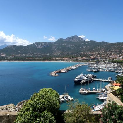 Luchtfoto van de jachthaven van Calvi op Corsica met witte jachten, turquoise Middellandse Zee, kustplaats en bergen onder blauwe lucht.