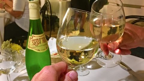 Hand houdt glas witte wijn vast tijdens proeverij, met groene wijnfles en andere glazen op tafel in restaurant setting.
