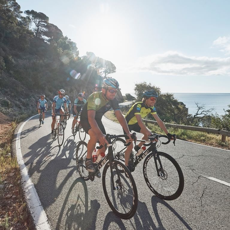Groep wielrenners in racepositie op een kustweg met oceaanzicht. De weg kronkelt langs een heuvel met mediterrane vegetatie.